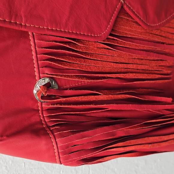 Womens Red Leather Jacket with Fringe - Picture 2 of 5